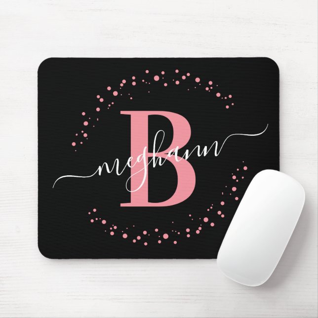 Chic Modern Girly Pink Black Name Script Monogram  Mouse Pad (With Mouse)