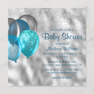 Chic Modern Glitter Balloons Turquoise Baby Shower Invitation