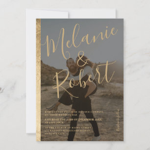 Chic modern gold border 2 photos overlay wedding invitation
