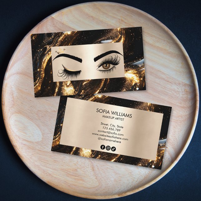 Chic Modern Gold Makeup Eyes Beauty Salon Lash Business Card (liquid gold and wink eyes makeup artist business card)