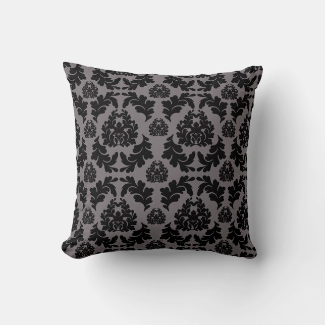 Chic Modern Grey & Black Damask Throw Pillow (Front)