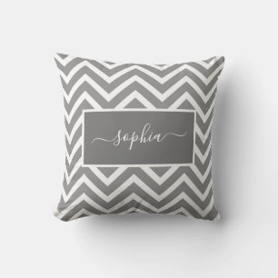 Chic Modern Grey Chevron Zig Zag Pattern Name Cushion
