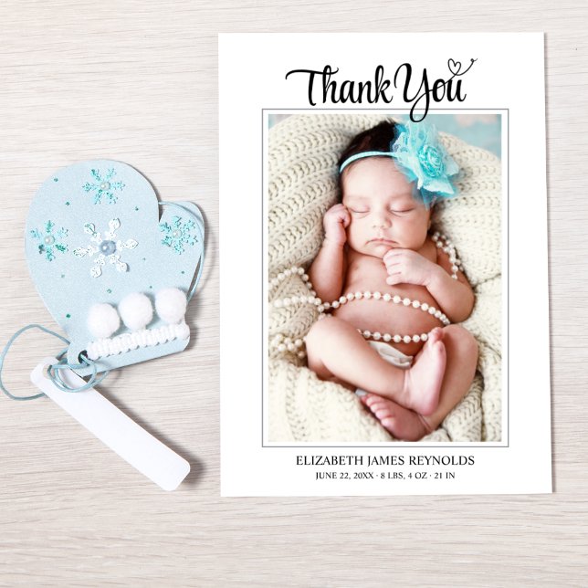 Chic Modern Heart Script Custom Newborn Baby Photo Thank You Card (Creator Uploaded)
