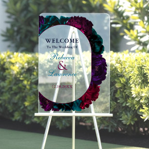 Chic modern jewel tones floral wedding welcome acrylic sign