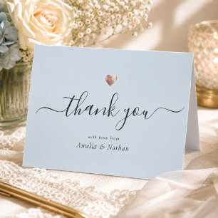 Chic Modern Light Blue Script Rose Gold Heart Thank You Card