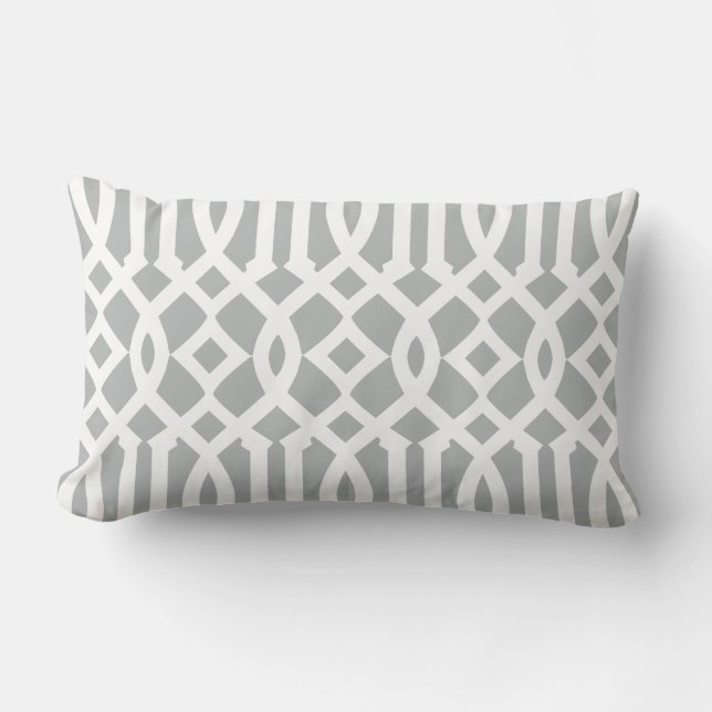 Chic Modern Light Grey and White Trellis Pattern Lumbar Cushion (Front)