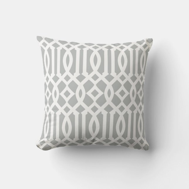 Chic Modern Light Grey and White Trellis Pattern Outdoor Cushion (Front)