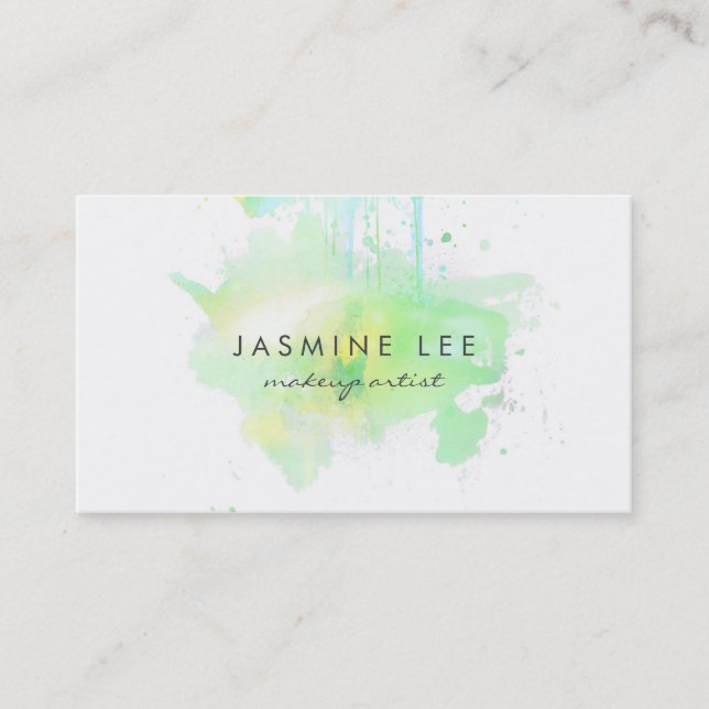 chic modern makeup artist watercolor green grunge business card (Front)