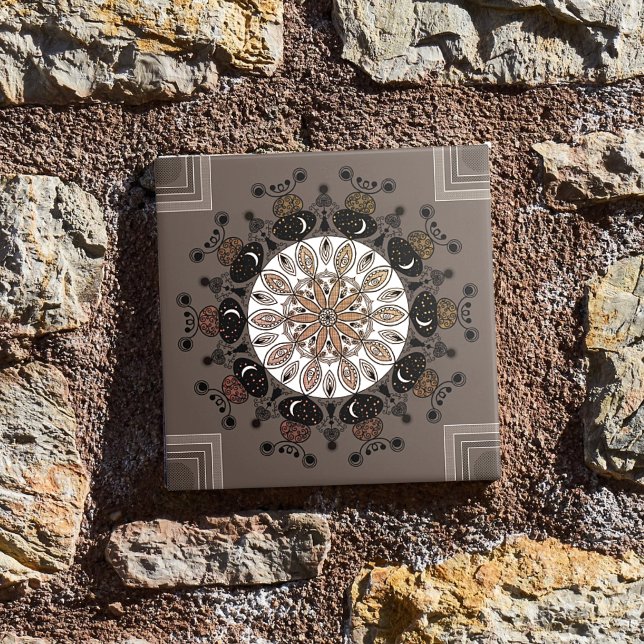 chic modern mandala black white simple brown ceramic tile (Creator Uploaded)