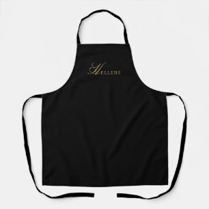 Chic Modern Minimal Black Gold Script Monogram  Apron