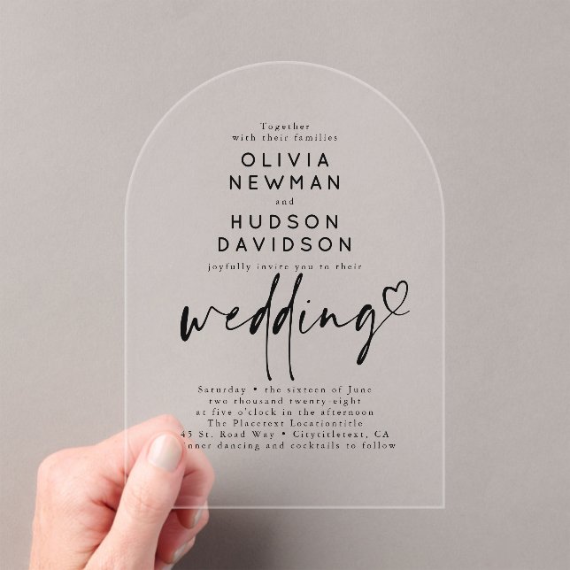 Chic Modern Minimalist Heart Typography Wedding Acrylic Invitations (Insitu (Handheld))