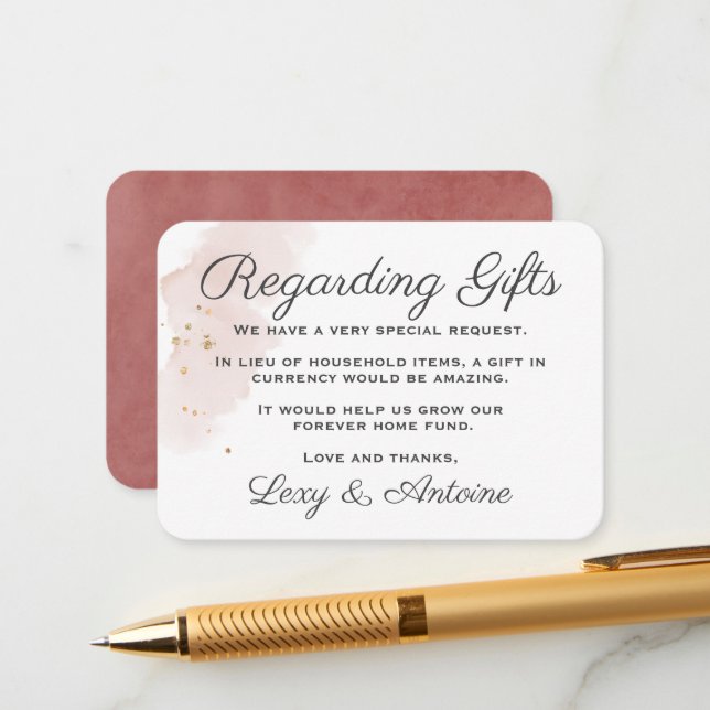 Chic Modern Minimalist Mauve Gold Wedding Gifts Enclosure Card (Front/Back In Situ)