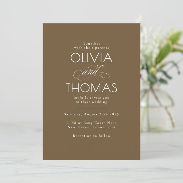 Chic Modern Minimalist Typography Brown Wedding Invitation (Standing Front)