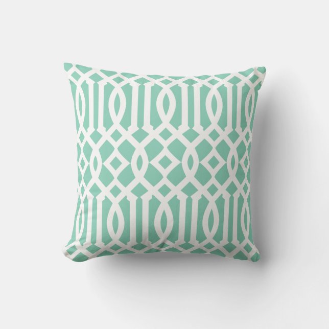 Chic Modern Mint Green and White Trellis Pattern Cushion (Front)