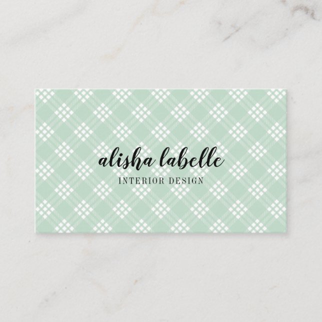 Chic & Modern Mint Green Plaid Business Card (Front)