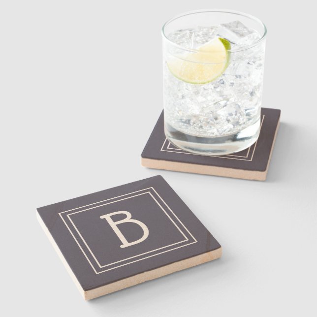 Chic Modern Monogrammed Dark Blue & White Initial Stone Coaster (Side)