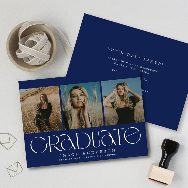 Chic Modern Navy Blue 3 Photo Graduation  Announcement (Creator Uploaded)