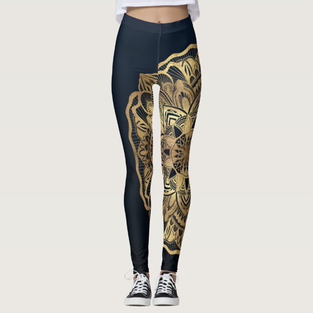 Chic Modern Navy Blue Gold Mandala Leggings (Front)