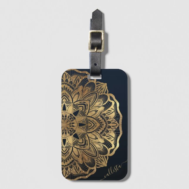 Chic Modern Navy Blue Gold Mandala Luggage Tag (Front Vertical)