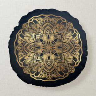Chic Modern Navy Blue Gold Mandala Round Cushion