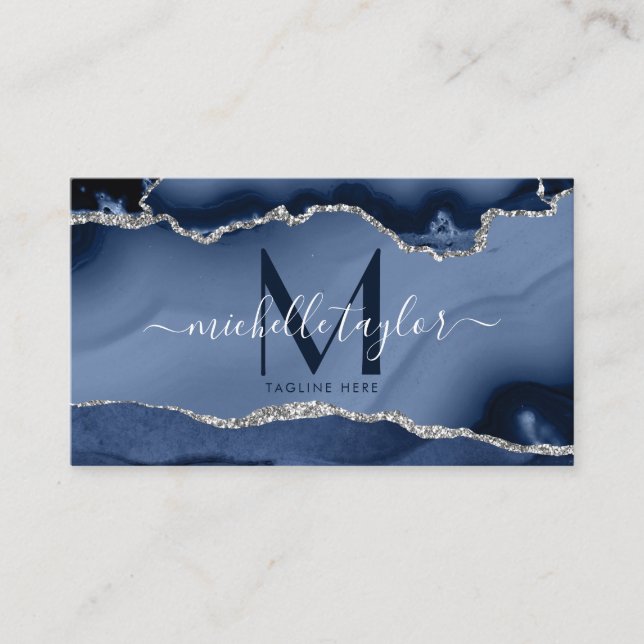 Chic Modern Navy Blue Monogram Agate QR CODE  Busi Business Card (Front)