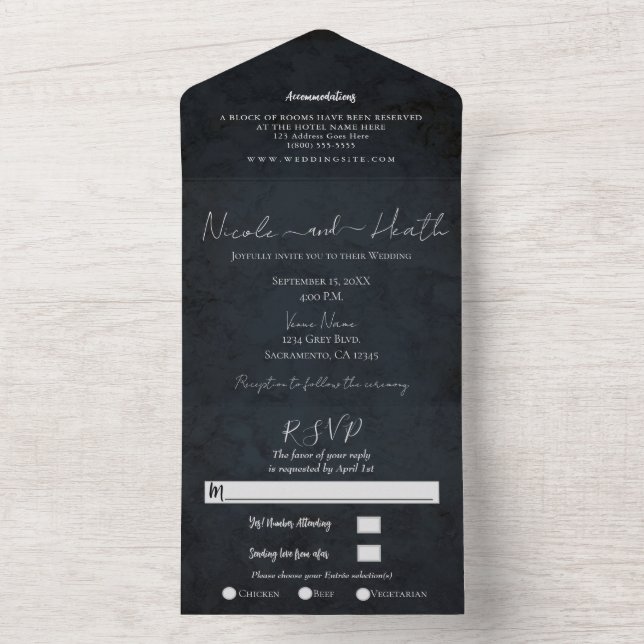 Chic Modern Navy Blue Texture Wedding Photo  All In One Invitation (Inside)