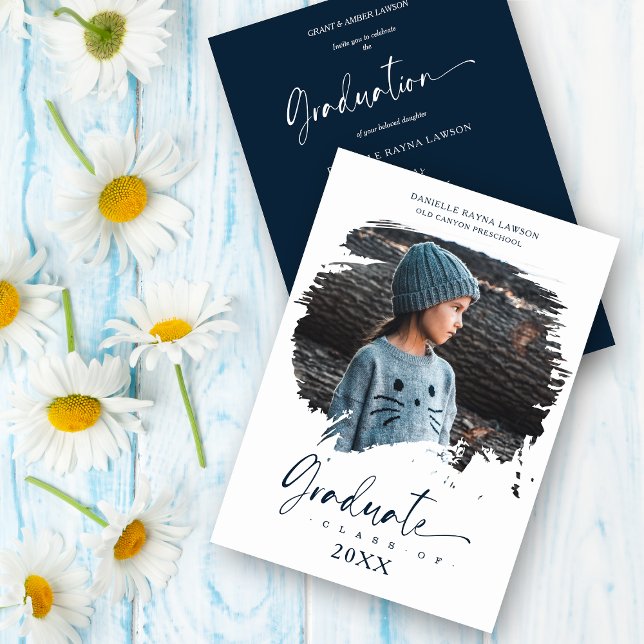 Chic Modern Navy Brushstroke Effect Graduation Invitation (Creator Uploaded)