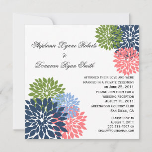 Chic Modern Navy Pink Green Flower Petals Invitation