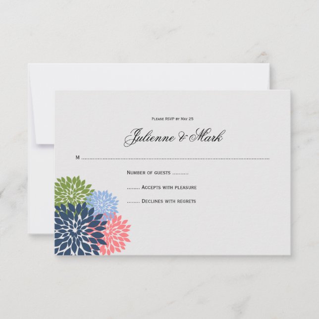 Chic Modern Navy Pink Green Flower Petals RSVP Card (Front)