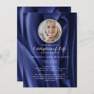 Chic Modern Navy Silky Photo Celebration of Life  Invitation