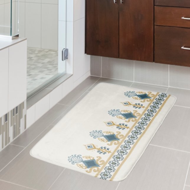 Chic Modern Neutral Teal Blue Ikat Tribal Pattern Bath Mat (Creator Uploaded)