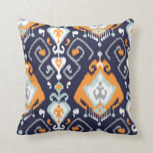 Chic modern orange navy blue ikat tribal pattern cushion