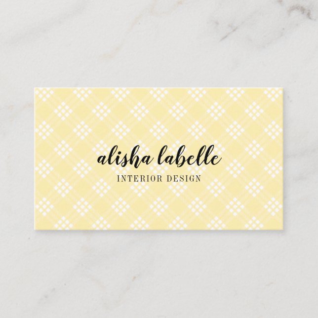 Chic & Modern Pale Yellow Plaid Business Card (Front)