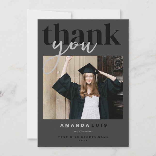 Chic Modern Photo Charcoal Graduation Thank You Card (Front)