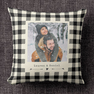 Chic Modern Photo Ivory Plaid Valentines Day Cushion