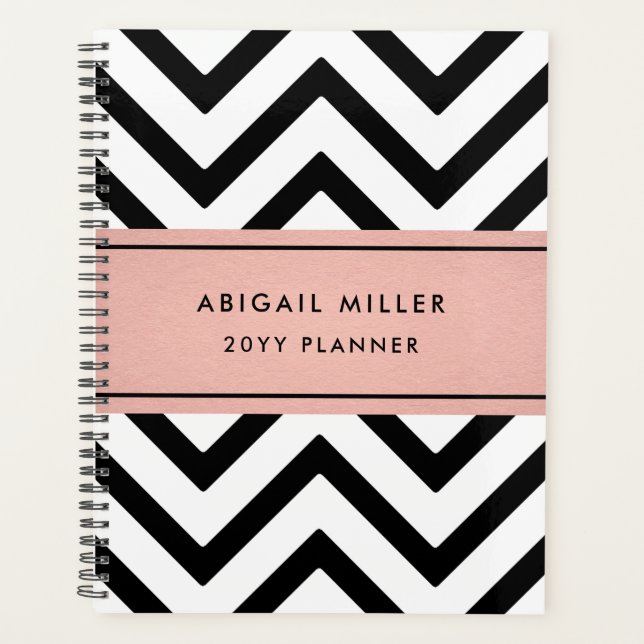 Chic Modern Pink, Black and White Chevron Pattern Planner (Front)