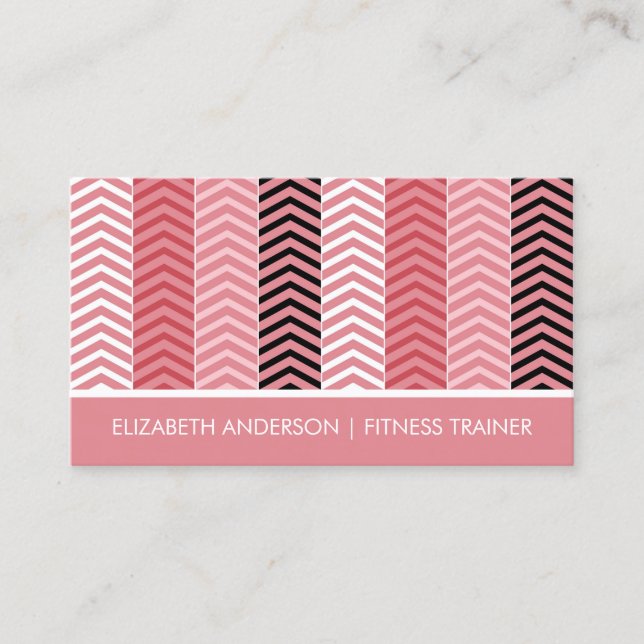 Chic Modern Pink Chevron Stripes Fitness Trainer Business Card (Front)