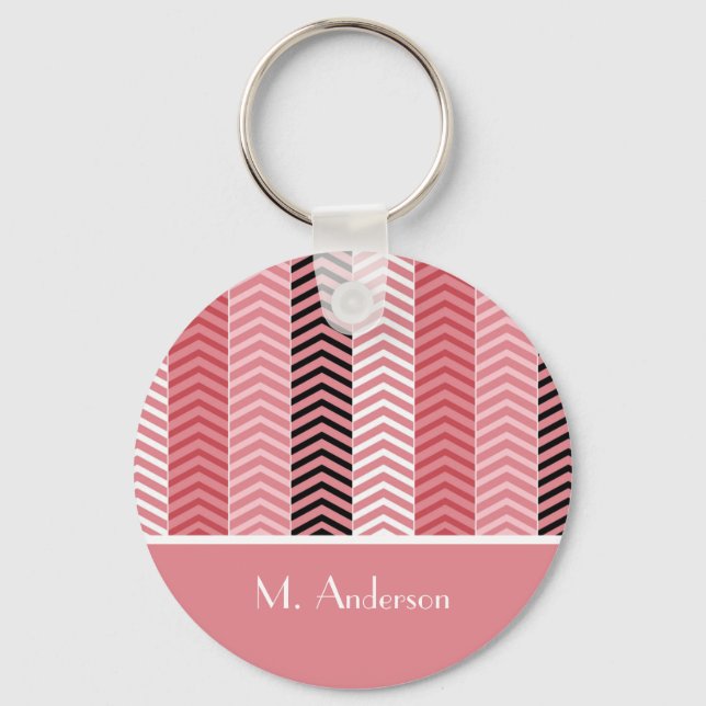 Chic Modern Pink Chevron Stripes With Name Key Ring (Front)