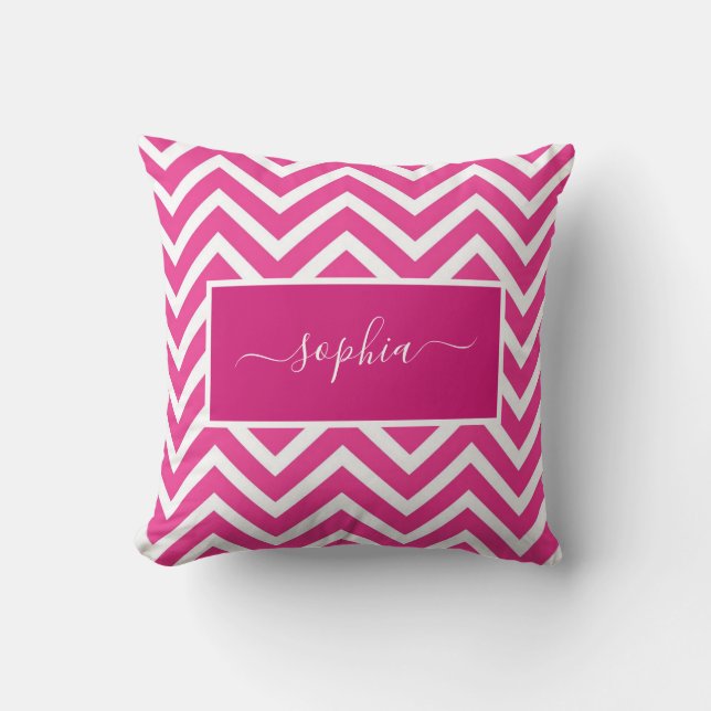 Chic Modern Pink Chevron Zig Zag Pattern Name Cushion (Front)