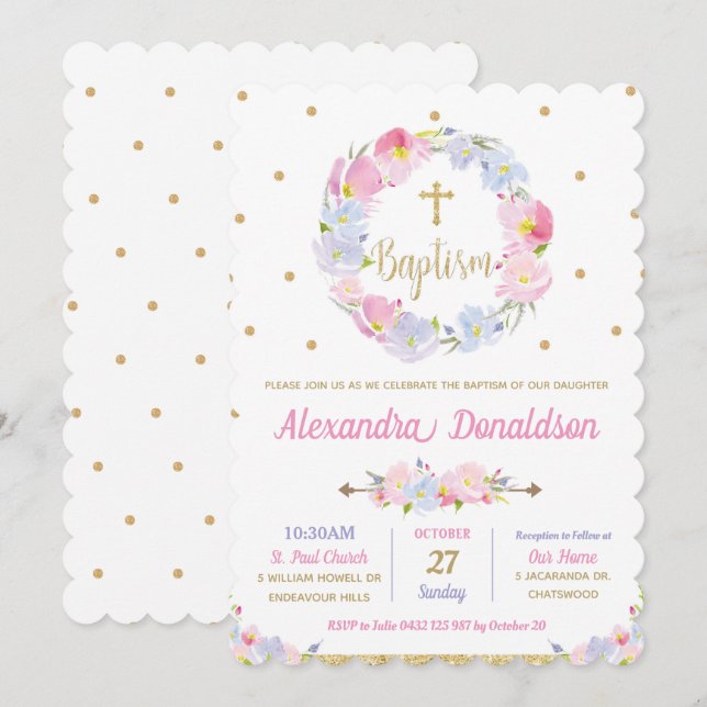 Chic Modern Pink Floral Baptism Christening Girl Invitation (Front/Back)