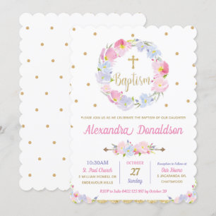 Chic Modern Pink Floral Baptism Christening Girl Invitation