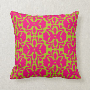 Chic Modern Pink & Lime Green Damask Throw Pillow