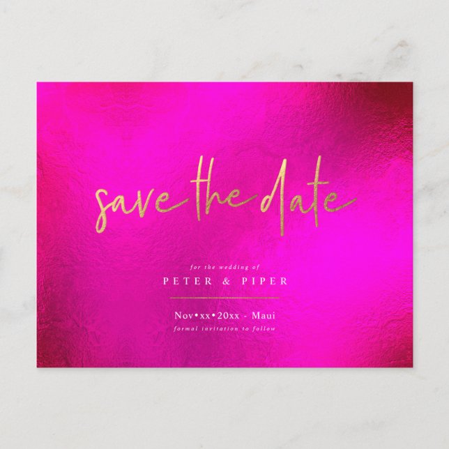Chic+Modern Pink Signature Script, Save the Date Postcard (Front)