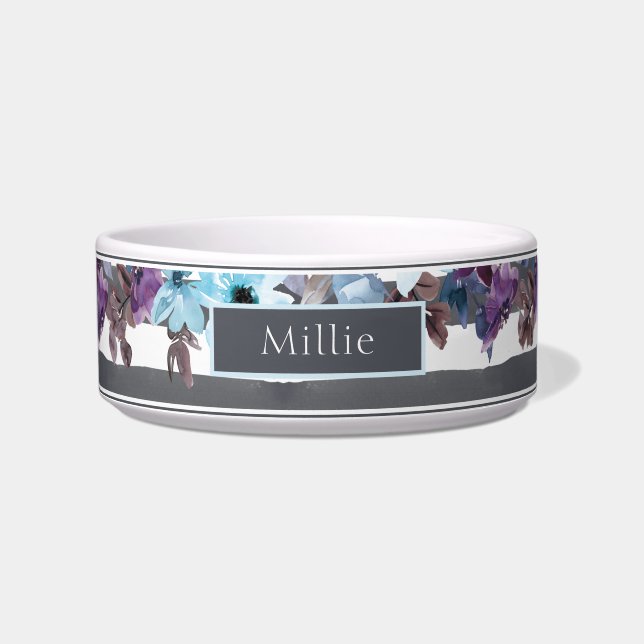 Chic Modern Purple Blue Watercolor Floral Name Bowl (Front)