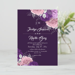 Chic Modern Purple & Blush Pink Floral Wedding  Invitation