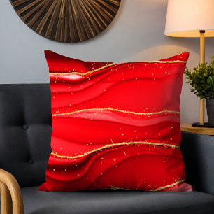 Chic Modern Red Abstract Wave Gold Glitter Sparkle Cushion