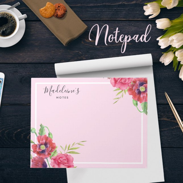 Chic Modern Red and Pink Flowers Blush Background Notepad (Creator Uploaded)