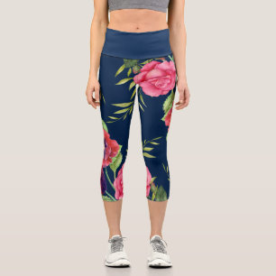 Chic Modern Red Pink Flowers on Dark Navy Leggings
