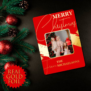 Chic Modern Red Typography Photo Christmas Gold Foil Holiday Card