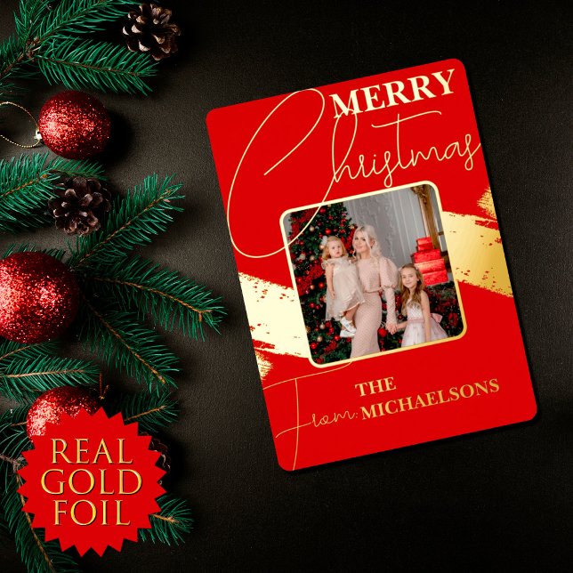 Chic Modern Red Typography Photo Christmas Gold Foil Holiday Card (Creator Uploaded)